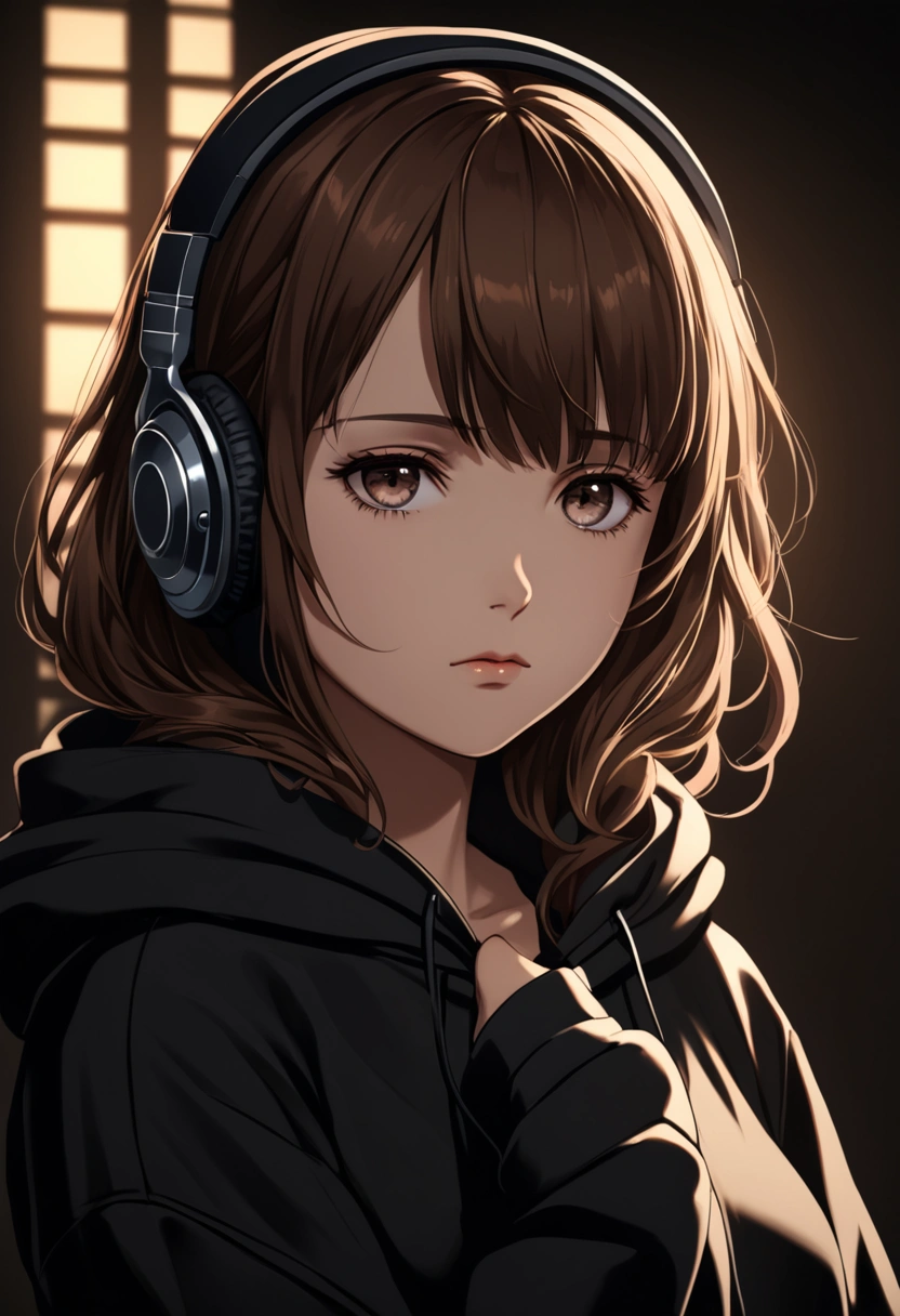 a brown haired anime girl with headphones and a black hoodie, thoughtful expression, detailed facial features, beautiful eyes, elegant pose, moody lighting, digital painting, cinematic, dramatic colors, dramatic lighting