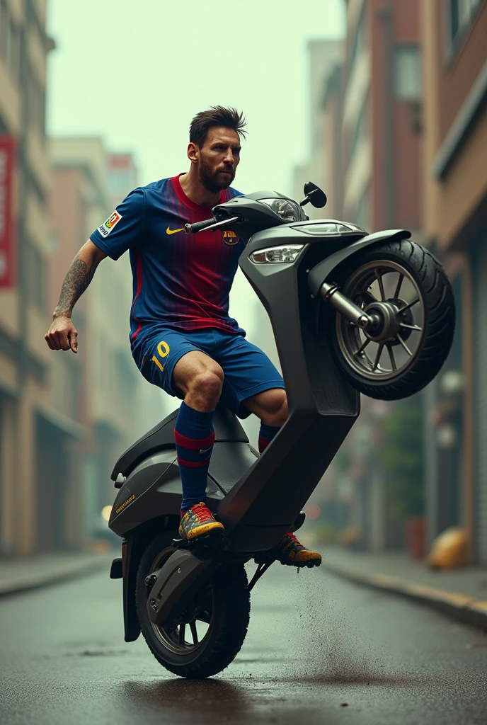 Cree une photo de messi qui leve en cabrant un scooter (une photo realise qui ressemble pas a une ia)
