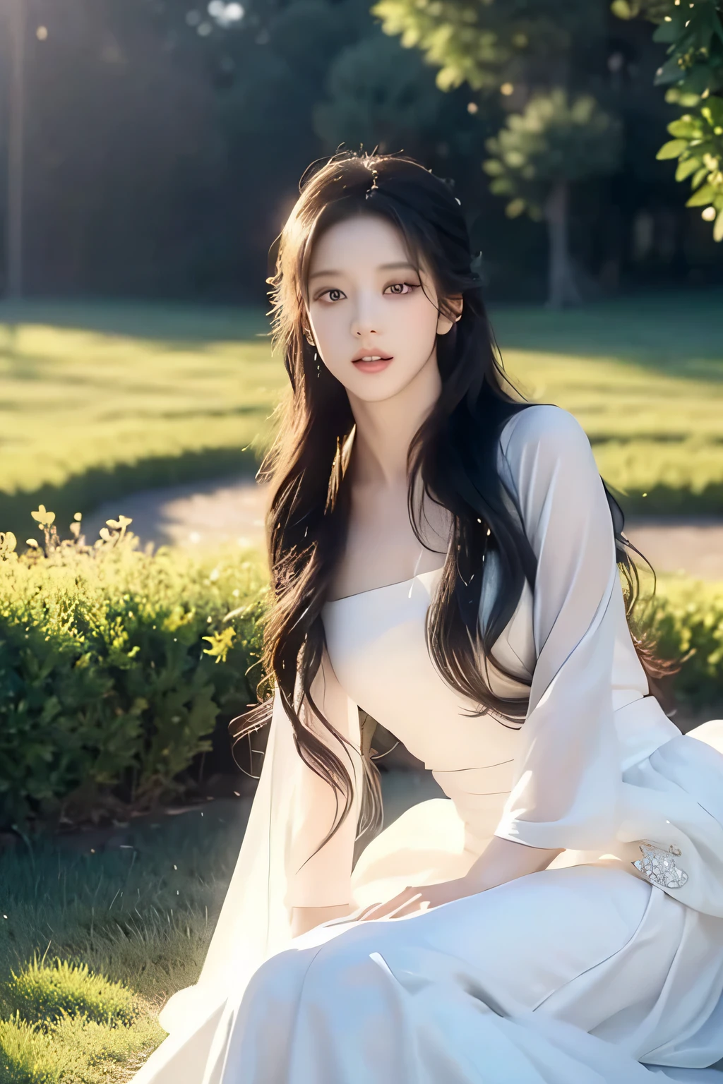 Jisoo, pearl dress, fairycore, long black hair, beautiful detailed black eyes, beautiful detailed lips, extremely detailed face, longeyelashes, elegant pose, dramatic lighting, cinematic, chiaroscuro, dramatic shadows, golden hour, atmospheric, photorealistic, 8k, best quality, masterpiece, meadow background, glow, magical