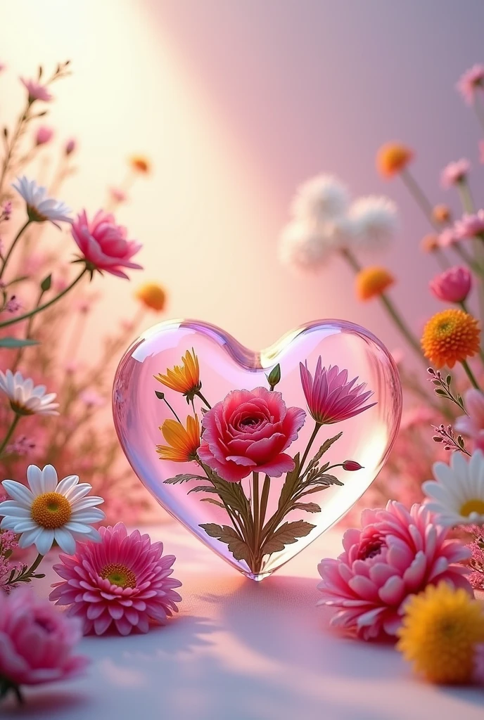 Create a presentation-type video showing different types of flowers inside glass hearts