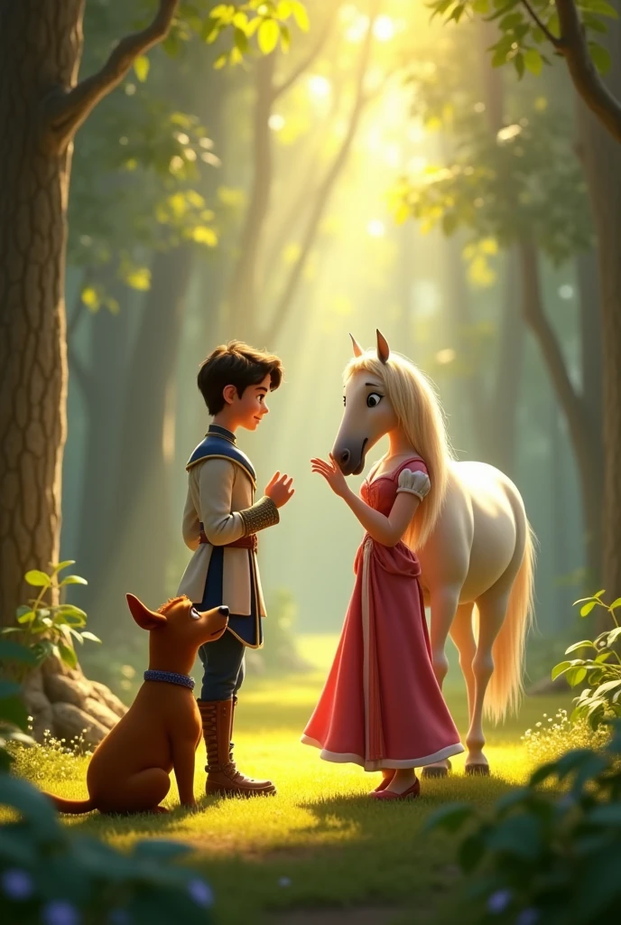 On a bright afternoon, Prince Ali walks alongside his brown dog through the Enchanted Forest, a place full of tall, ancient trees whose leaves whisper secrets. The air is filled with mystery, and sunlight filters through the branches, creating golden patterns on the ground. Ali is searching for a magical flower that, according to legends, grows in this forest and can cure any illness. As they move forward, the brown dog, with its sharp ears, hears a soft neigh in the distance. As they approach, they discover Princess Valentina, who is gently stroking her white horse. Both groups look at each other in surprise and soon realize they share the same goal: to find the magical flower and save their kingdoms. in pixar