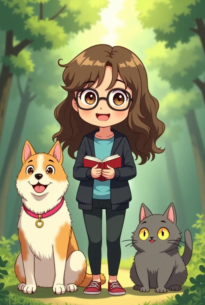 A young girl with brown long and curly hair, brown eyes, wearing a big smile wearing square prescription glasses, a black pants and a blue t-shirt and a black cardigan, holding a book, standing next to big white and cream dog of the breed border collie with a pink collar. Standing between the dog and the girl is a gray fluffy cat with yellow eyes. The background is a light green. The style of the scene is inspired by the movie My Neighbor Totoro.