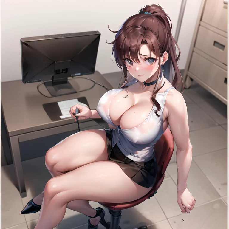 masterpiece, Highest quality, High resolution, (One Woman)、Brown Hair、Ponytail hairstyle、1990s \(style\),、(Big Breasts)、tall 、Slim figure、Beauty Office Lady、Black mini skirt、White sleeveless shirt、High heels、Black innerwear、Background in the office、Sulky expression、Disgust、sexy、Composition of sitting on a chair and looking up