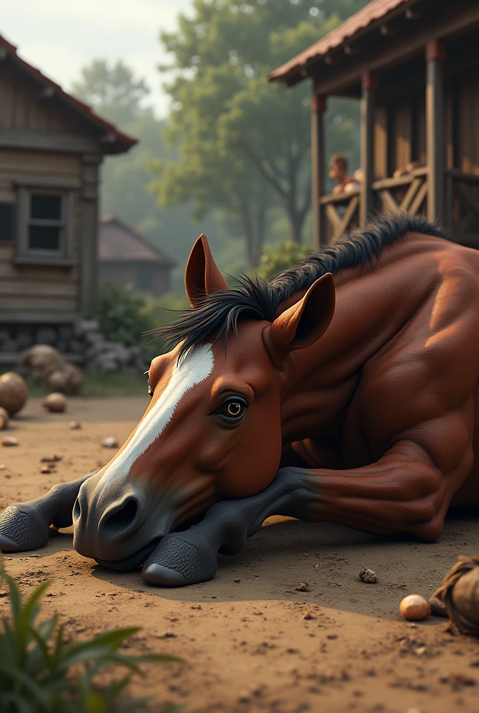 scene: Boxer the horse, collapses to the ground, with a pained expression on his face.
Text: "Finally, his health worsens, and Boxer falls exhausted."
create the easy scene to draw