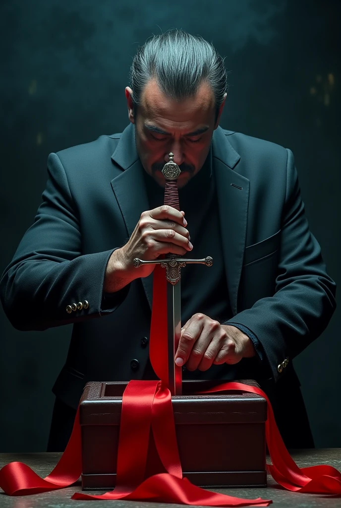 Create an image where a man pulls a sword out of a box. On that sword there is a red ribbon, in which the man pulls