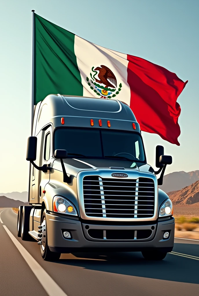 Create an image of a Freightliner Cascadia truck in a landscape with the Mexican flag on it
