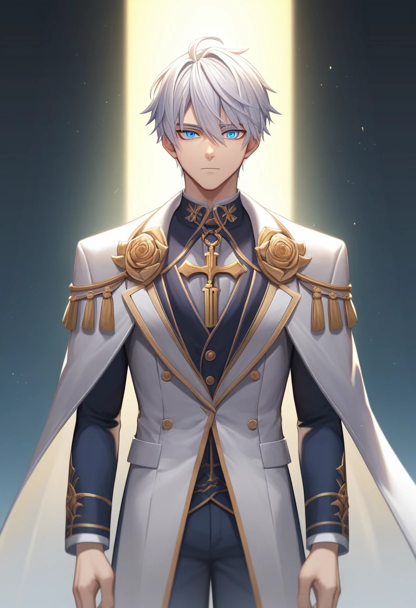 a tall anime man with short silver hair and blue eyes, wearing a suit and a white cape, male anime character, beautiful prince, official art, key anime art, (best quality, 4k, 8k, highres, masterpiece:1.2), ultra-detailed,highly detailed facial features, extremely detailed eyes and face, detailed clothing, beautifully shaded, dramatic lighting, cinematic composition, vibrant colors, digital painting, anime style, dynamic pose, intricate details, ornate design, simple light-colored background,