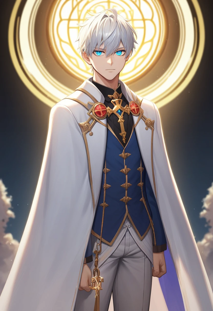 a tall anime man with short silver hair and blue eyes, wearing a suit and a white cape, male anime character, beautiful prince, official art, key anime art, (best quality, 4k, 8k, highres, masterpiece:1.2), ultra-detailed,highly detailed facial features, extremely detailed eyes and face, detailed clothing, beautifully shaded, dramatic lighting, cinematic composition, vibrant colors, digital painting, anime style, dynamic pose, intricate details, ornate design, simple light-colored background,