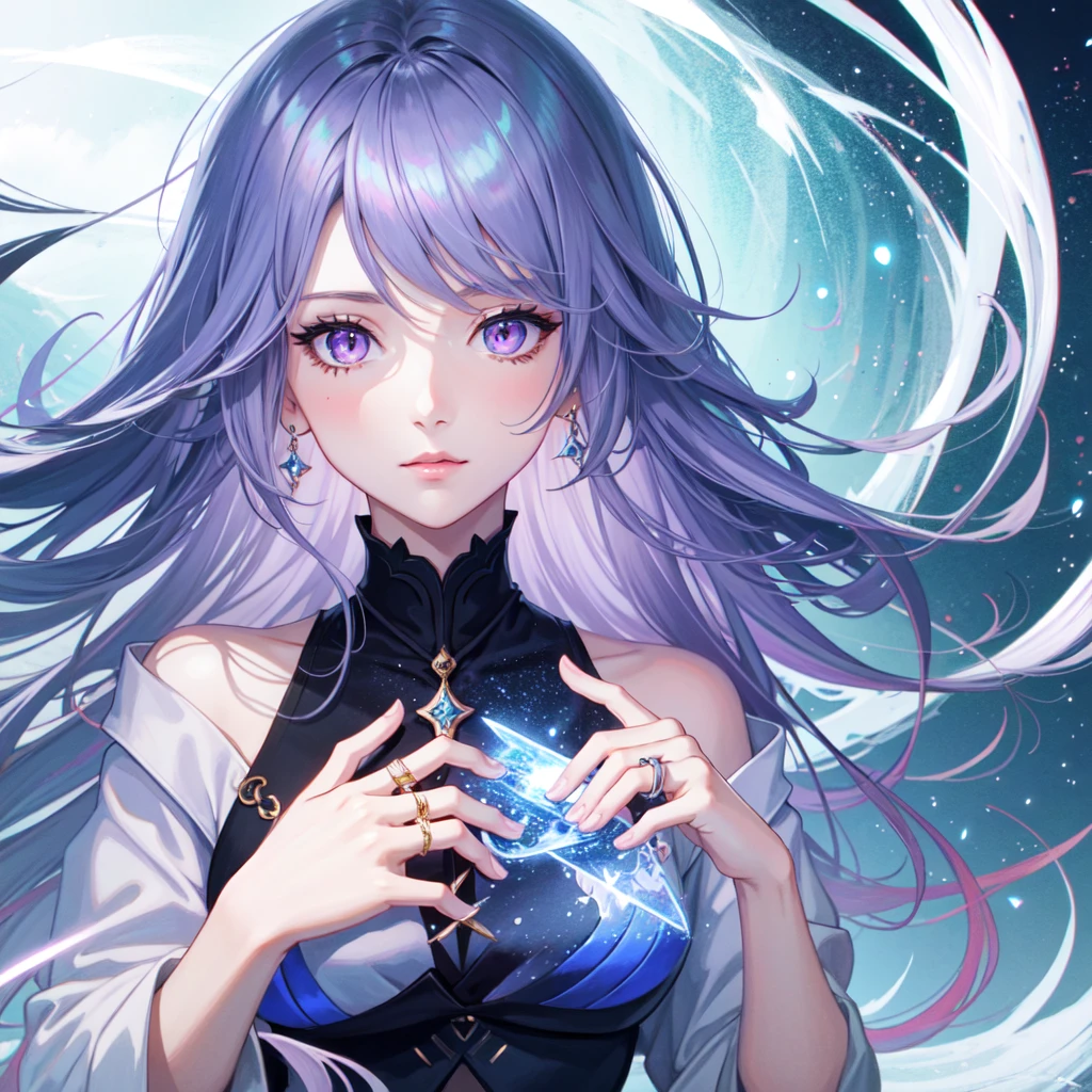 tarot card style, one girl, portrait, digital illustration, flowing hair, glowing iridescent hair, night, pastel colors, beautiful, looking at camera, looking at viewer, ring lighting, edge lighting, purple eyes, dull bangs, trending at artstinion, WLOP, DS Caro 1