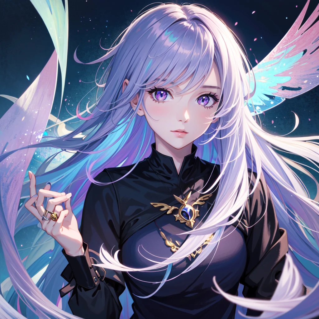 tarot card style, one girl, portrait, digital illustration, flowing hair, glowing iridescent hair, night, pastel colors, beautiful, looking at camera, looking at viewer, ring lighting, edge lighting, purple eyes, dull bangs, trending at artstinion, WLOP, DS Caro 1