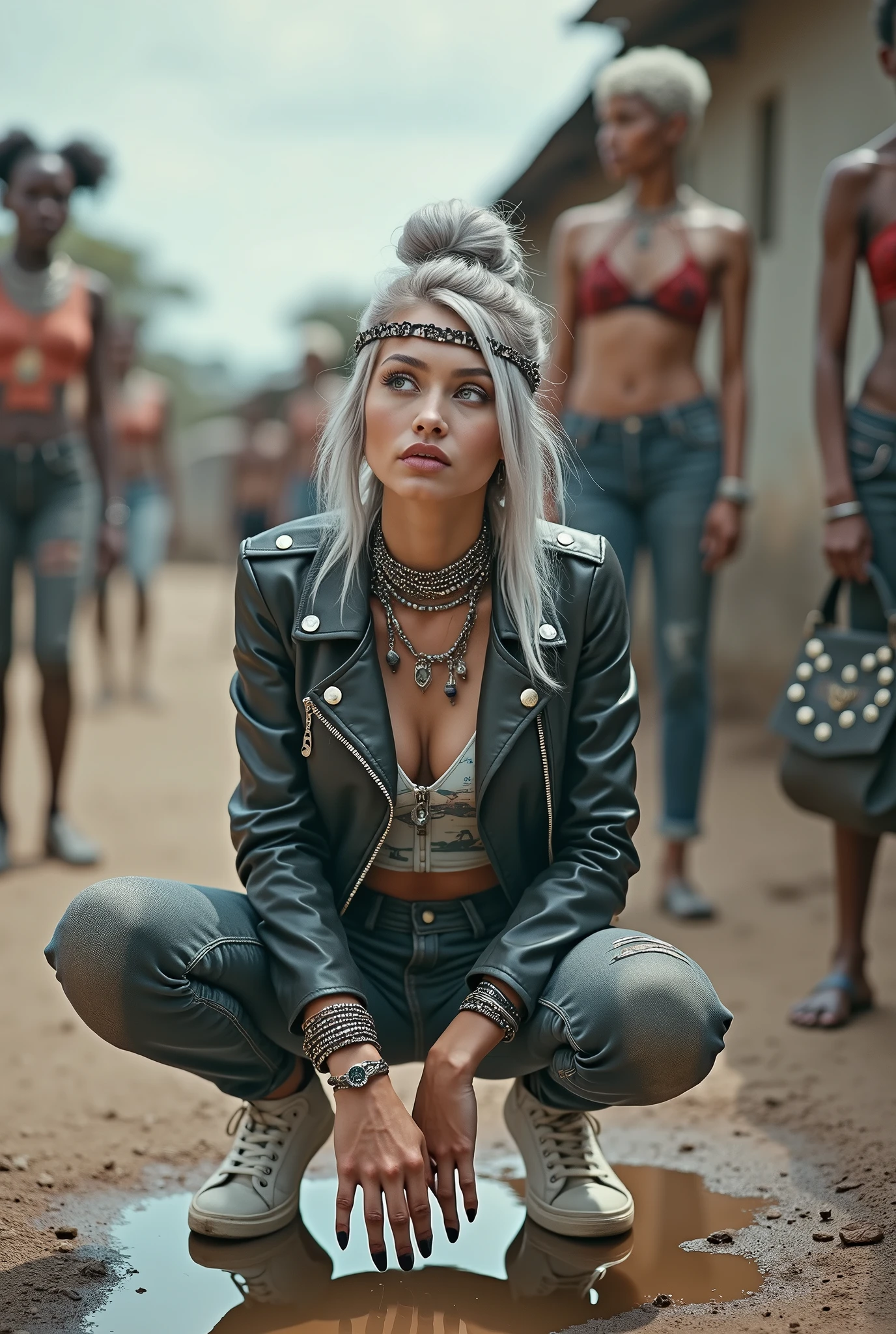 russian milf woman, grey  hair (top bun, shaved sides), colourful bandana as headband, with very light blue eyes, extremely pale skin. Wearing cropped aged black moto jacket with lots of zippers and pins, flipped up collar. Worn skinny dark low rise blue jeans with patches, wet knees. Black and red tight push up bra, Dirty White tennis sneakers, with bracelets around ankles. Chain around hips like belts. Dirty knees, dirty feet and muddy hands. Wide studded belt. Lots of metallic bracelets, lots of boho pendants and lots of colourful beads collars. Long huge boho. Chains around the hips. Squatting on a puddle with hands on her hips, looking up, chin up, stretching her neck , humble facial expression. Bracelets in ankles and rings in fingers. Black nail polish. studded black leather tote bag with chain on the floor, next to her.. Listening looking up in amazement to somebody speaking to her from the sky, upper teeth visible. Well toned abdominals, thin neck, slim legs and thin arms. Narrow hips Cleavage, stomach, neck, tigh and hands completely covered with tattoos. Dirt street in Kenyan village full of waste. A lot of tanned fat women  in traditional dresses around looking at her. next to her, all her belongings scattered on the floor: tobacco packs, makeup kit, little makeup mirror, studded black leather tote bag, lipstick, wallet, moble etc on the floor, point of view; from above