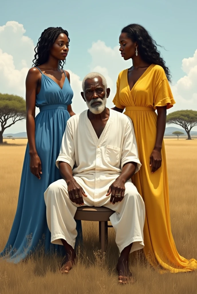 Old black man sitting dressed in white, black woman dressed in blue, black woman dressed in yellow in a savannah