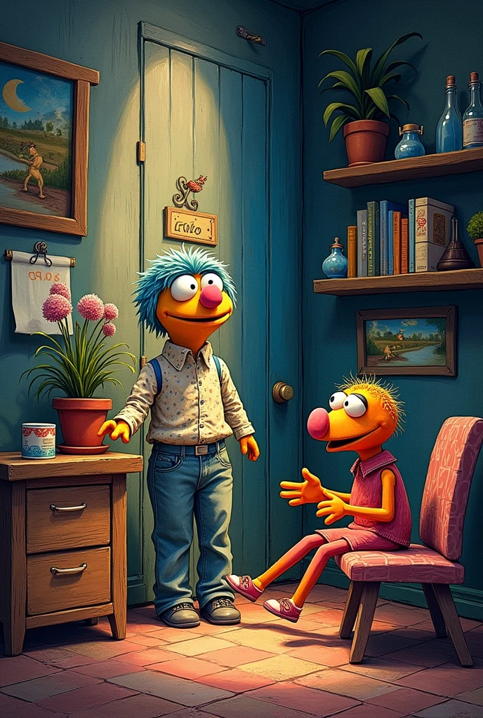 Could you create a home scenario for a muppet style drawn on paper by a child with a dark background and a presentation bar that divides half the screen as a news presenter without the character in tik tok format please