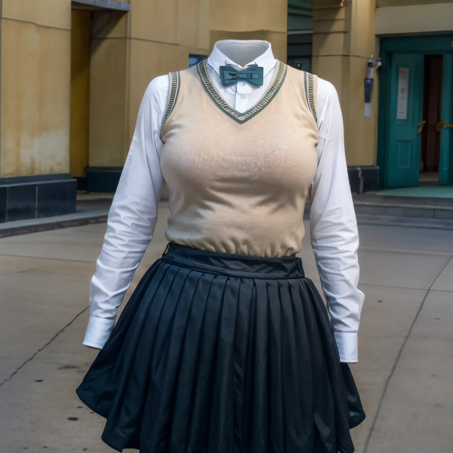 (invisible, no humans, headless, handless, legless:1.5), (cute big breast, chubby, fat), upper body,school_uniform,bowtie,green_bow,green_bowtie,skirt,pleated_skirt,kneehighs,plaid_skirt,green_skirt, kibito high school uniform, school uniform, sweater vest, blazer, 
(8k, RAW photo, best quality, masterpiece:1.2), (realistic, photo-realistic:1.37),photon mapping, radiosity, ((Hasselblad photography)),physically-based rendering