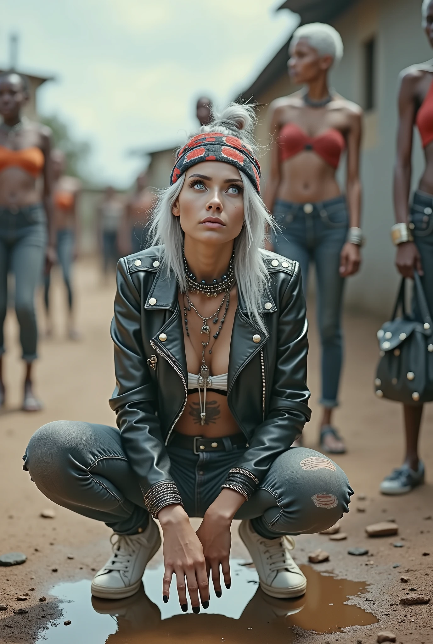 russian milf woman, grey  hair (top bun, shaved sides), colourful bandana as headband, with very light blue eyes, extremely pale skin. Wearing cropped aged black moto jacket with lots of zippers and pins, flipped up collar. Worn skinny dark low rise blue jeans with patches, wet knees. Black and red tight push up bra, Dirty White tennis sneakers, with bracelets around ankles. Chain around hips like belts. Dirty knees, dirty feet and muddy hands. Wide studded belt. Lots of metallic bracelets, lots of boho pendants and lots of colourful beads collars. Long huge boho. Chains around the hips. Squatting on a puddle with hands on her hips, looking up, chin up, stretching her neck , humble facial expression. Bracelets in ankles and rings in fingers. Black nail polish. studded black leather tote bag with chain on the floor, next to her.. Listening looking up in amazement to somebody speaking to her from the sky, upper teeth visible. Well toned abdominals, thin neck, slim legs and thin arms. Narrow hips Cleavage, stomach, neck, tigh and hands completely covered with tattoos. Dirt street in Kenyan village full of waste. A lot of tanned fat women  in traditional dresses around looking at her. next to her, all her belongings scattered on the floor: tobacco packs, makeup kit, little makeup mirror, studded black leather tote bag, lipstick, wallet, moble etc on the floor, point of view; from above