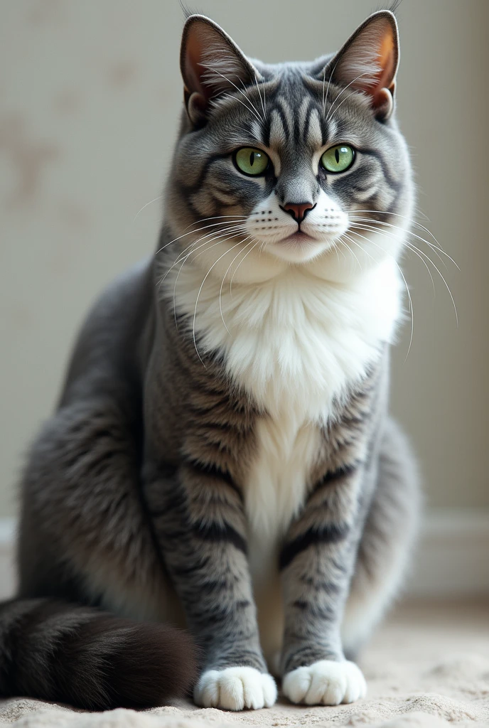 Adult white and gray cat with ears, back and tail lead Make it with more gray With green eyes and fatter