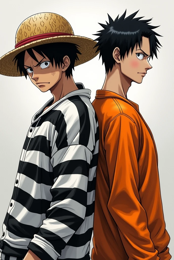 Monkey D. Luffy in a black and white striped long-sleeved prison uniform and Monkey D. .... Luffy in orange long sleeve prison uniform Original anime One Piece