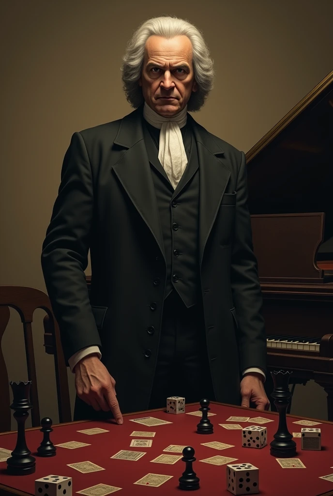 Bach in board game mafia style with dark beige background with piano