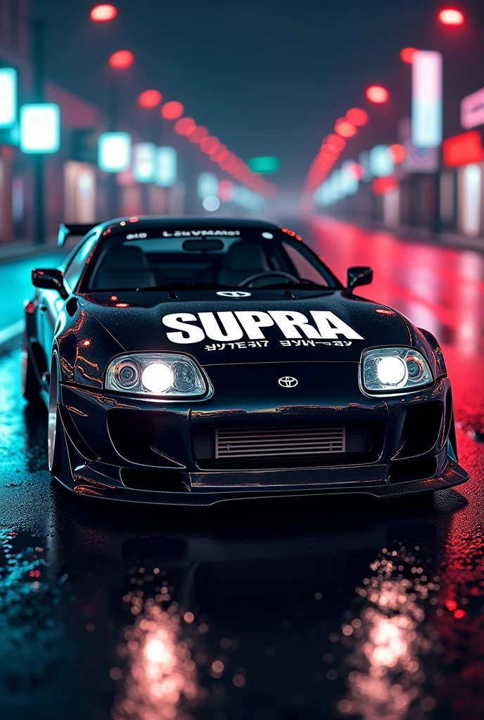 Toyota Supra Realistic Hoodie Design Pictured, the Toyota Supra MK4 that is realistically represented. The background that is dark, with reflections of neon lights on a wet road. The design includes stylized text that says “SUPRA” in large white letters with a glitch effect (glitch), as well as smaller text for “SPORTS” and “MK4”. Also that Japanese characters be added to complement the overall aesthetics..
Everything I mentioned has to be only on the hood and the car that is not animated.
I want it to be realistic