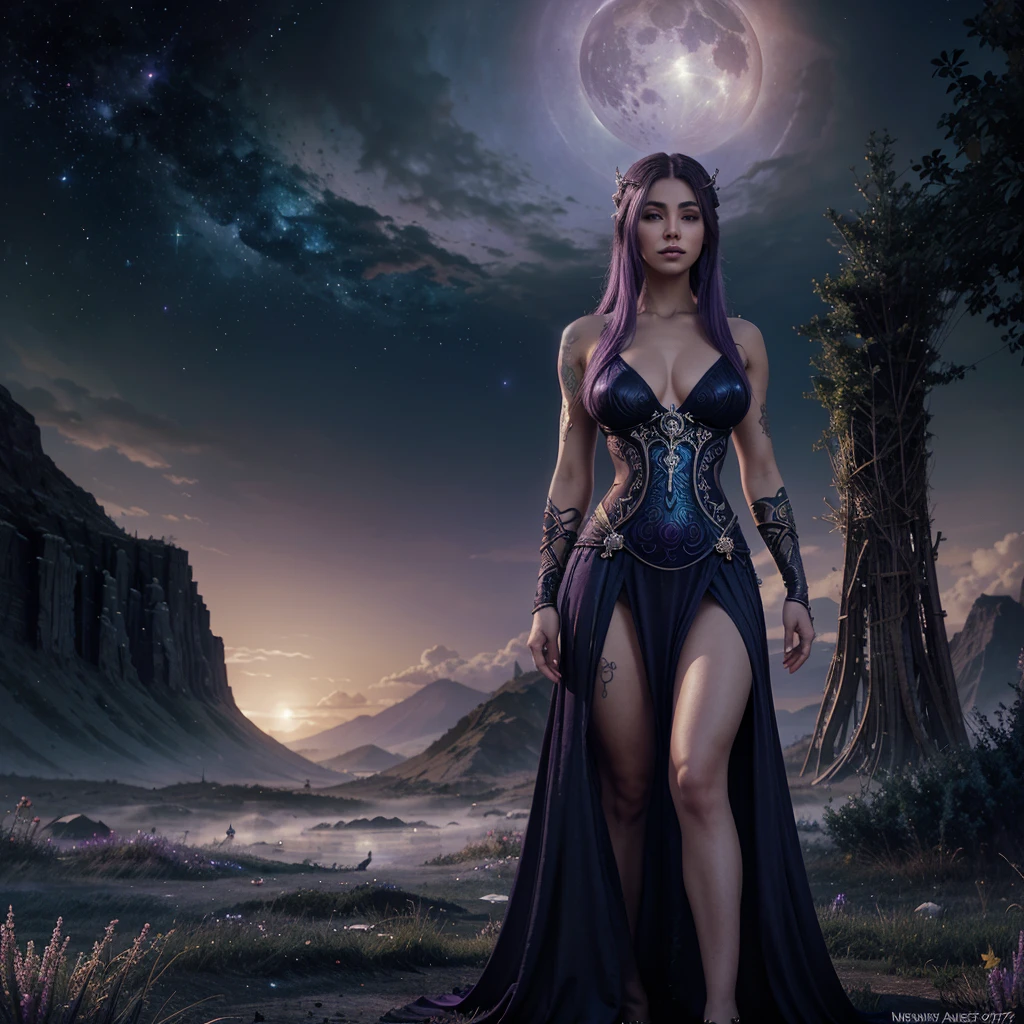 A woman with purple hair and tattoos standing in front of a sky, Digital art by Nene Thomas, winner of the cg society competition, Fantasy Art, beautiful Fantasy Art, heavenly goddess, beautiful celestial wizard, dark astral dress, lunar goddess, astral dress, trending digital Fantasy Art, Moon Goddess, Fantasy Art style, very beautiful Fantasy Art, in the style of anne stokes