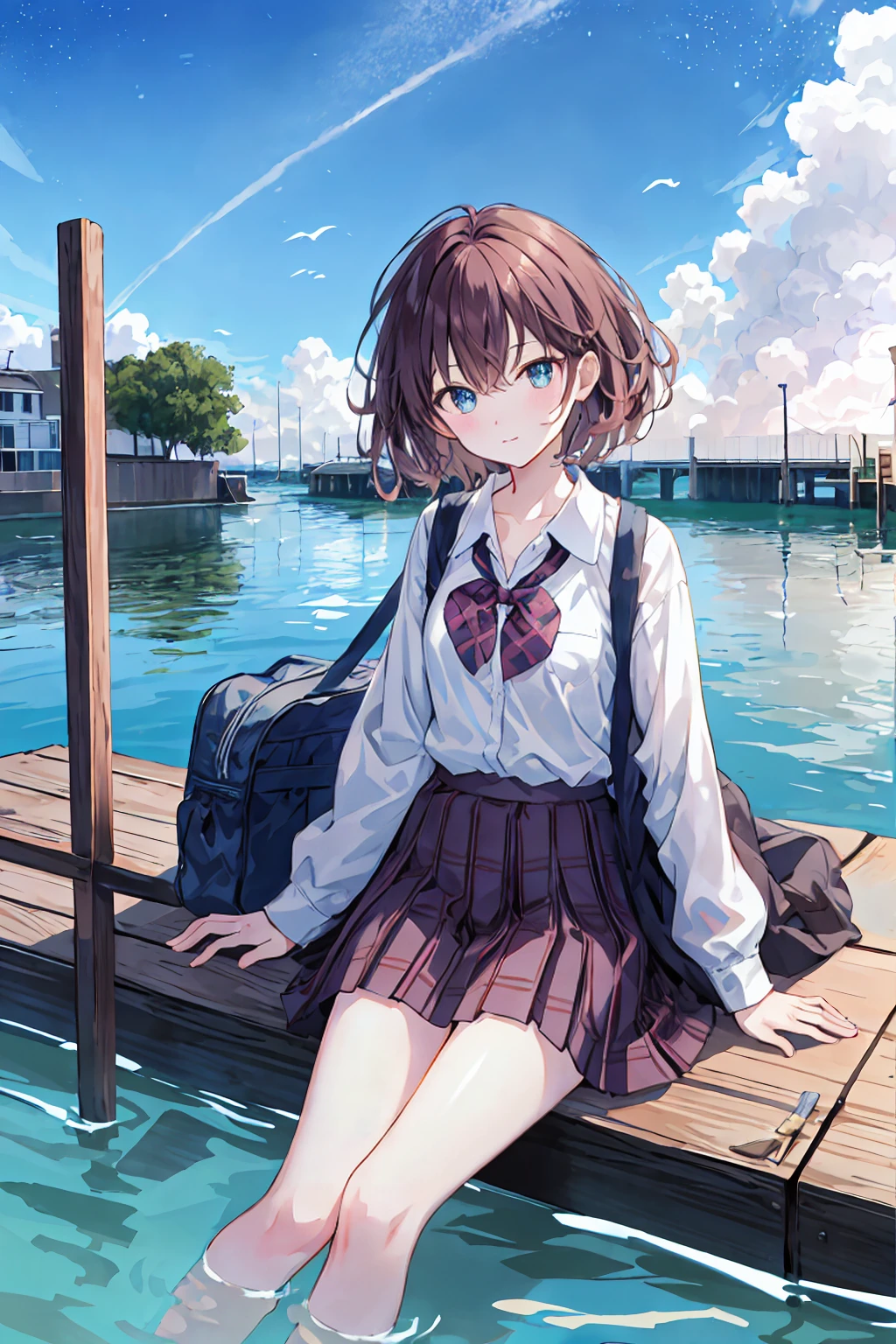 One person,Brown Hair，Shortcuts，Messy Hair，Slender beauty，A dignified posture，Small chest，Beautiful feet ，Her captivating grey-blue eyes shine like stars，bird, watercraft, boat, alone,  skirt, Sitting, Outdoor,  null, shirt, Jacket, blue null, Holding, white shirt, water, Seagull, bag, tie, close your eyes, Plaid skirt, pleated skirt, Long sleeve, collared shirt, Wind, Plaid, Day, musical instrument, school uniform, Floating Hair, music, Food down, Food,  bangs, Medium Hair, yellow Jacket, swing, Boat, coat, scenery, Swarm, Holding musical instrument, white bird