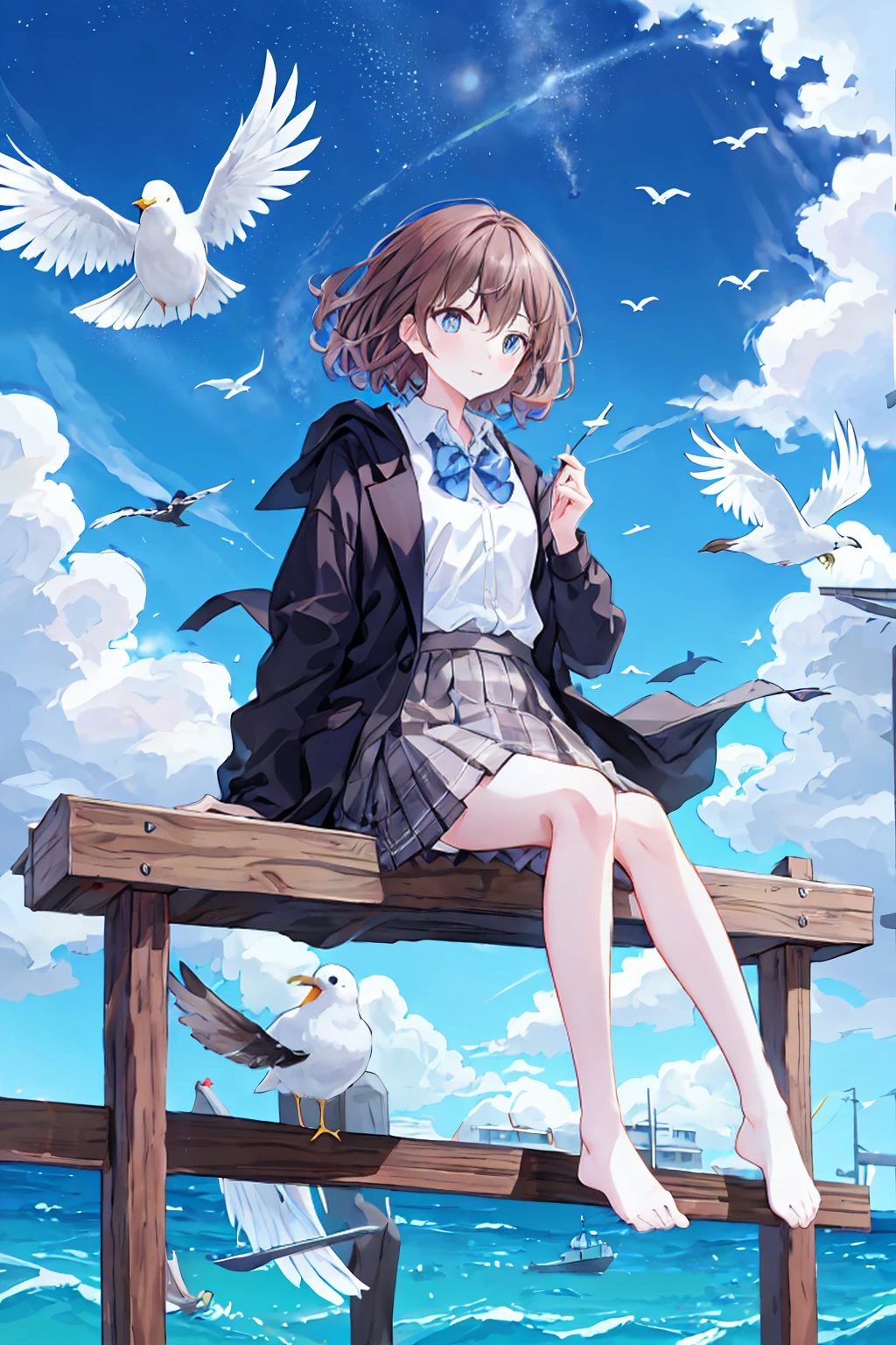 One person,Brown Hair,Shortcuts,Messy Hair,Slender beauty,A dignified posture,Small chest,Beautiful feet ,Her captivating grey-blue eyes shine like stars,bird, watercraft, boat, alone, skirt, Sitting, Outdoor, null, shirt, Jacket, blue null, Holding, white shirt, water, Seagull, bag, tie, close your eyes, Plaid skirt, pleated skirt, Long sleeve, collared shirt, Wind, Plaid, Day, musical instrument, school uniform, Floating Hair, music, Food down, Food, bangs, Medium Hair, yellow Jacket, swing, Boat, coat, scenery, Swarm, Holding musical instrument, white bird