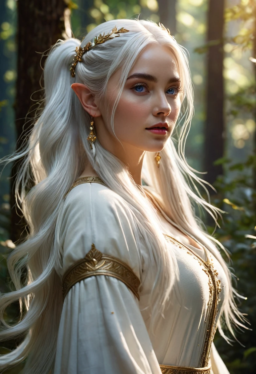 A woman, she has elf ears, long white hair tied in two ponytails falling over both shoulders, (((a woman with long white hair princess 1.7)))(((very beautiful))), perfect faces, full body, she is in a forest during the day with sunlight on her face, warm palette, white medieval tunic with gold details, blue eyes, , 8K, extremely detailed, (high quality, realistic, photorealistic: 1.37), ideal proportions and defined skin, meticulously crafted features, unapproachable beauty, perfection, artistic art, vivid realism, hyper-detailed sculpting, realistic shapes, truly awe-inspiring, impeccable craftsmanship, pure brilliance, ethereal beauty, delicate contours, striking poses, sublime beauty, subtle nuances, dynamic compositions, vibrant colors, perfect lighting, moving expressions, heavenly aura, majestic presence, dreamlike atmosphere, unmatched detailed octane rendering trend on artstation, artistic photography 8k, photorealistic concept art, cinematic volumetric natural soft light, chiaroscuro, award winning photography, fine art, oil on canvas, beautiful, detailed, intricately, insane