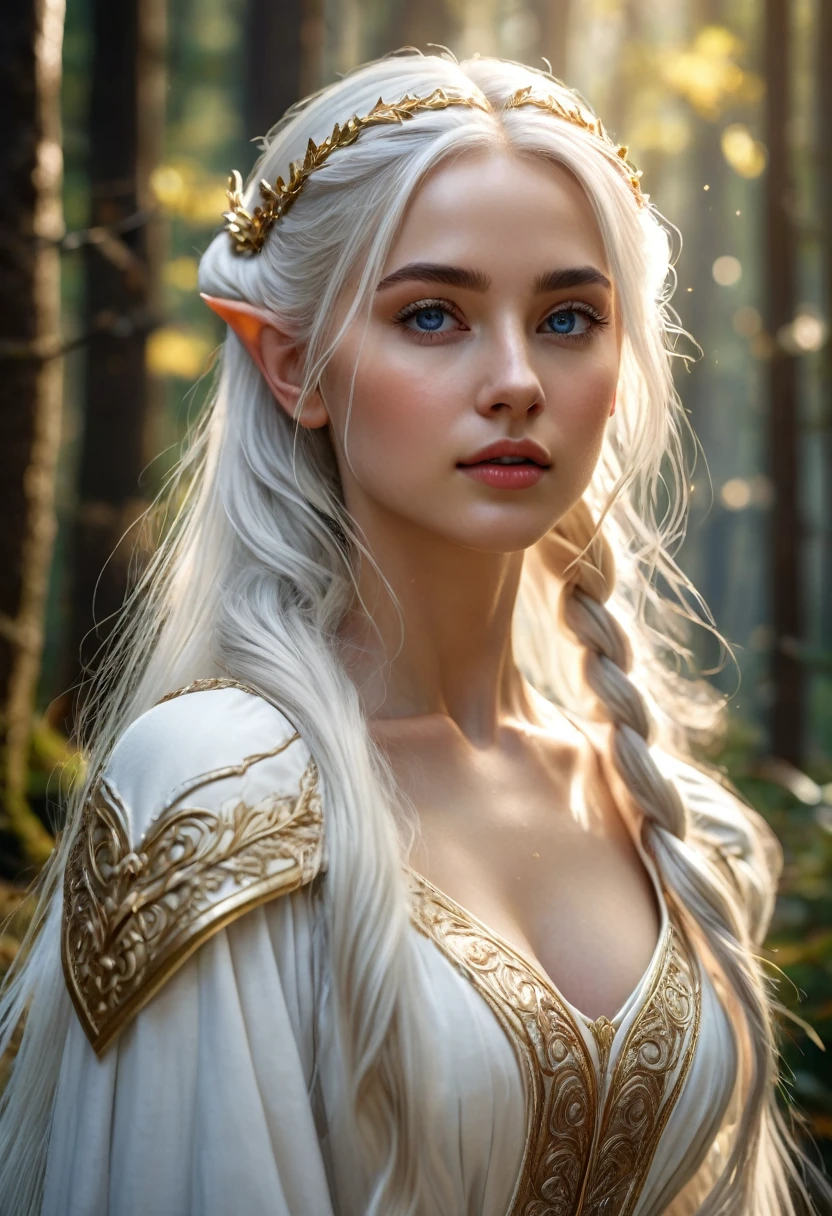 A woman, she has elf ears, long white hair tied in two ponytails falling over both shoulders, (((a woman with long white hair princess 1.7)))(((very beautiful))), perfect faces, full body, she is in a forest during the day with sunlight on her face, warm palette, white medieval tunic with gold details, blue eyes, , 8K, extremely detailed, (high quality, realistic, photorealistic: 1.37), ideal proportions and defined skin, meticulously crafted features, unapproachable beauty, perfection, artistic art, vivid realism, hyper-detailed sculpting, realistic shapes, truly awe-inspiring, impeccable craftsmanship, pure brilliance, ethereal beauty, delicate contours, striking poses, sublime beauty, subtle nuances, dynamic compositions, vibrant colors, perfect lighting, moving expressions, heavenly aura, majestic presence, dreamlike atmosphere, unmatched detailed octane rendering trend on artstation, artistic photography 8k, photorealistic concept art, cinematic volumetric natural soft light, chiaroscuro, award winning photography, fine art, oil on canvas, beautiful, detailed, intricately, insane