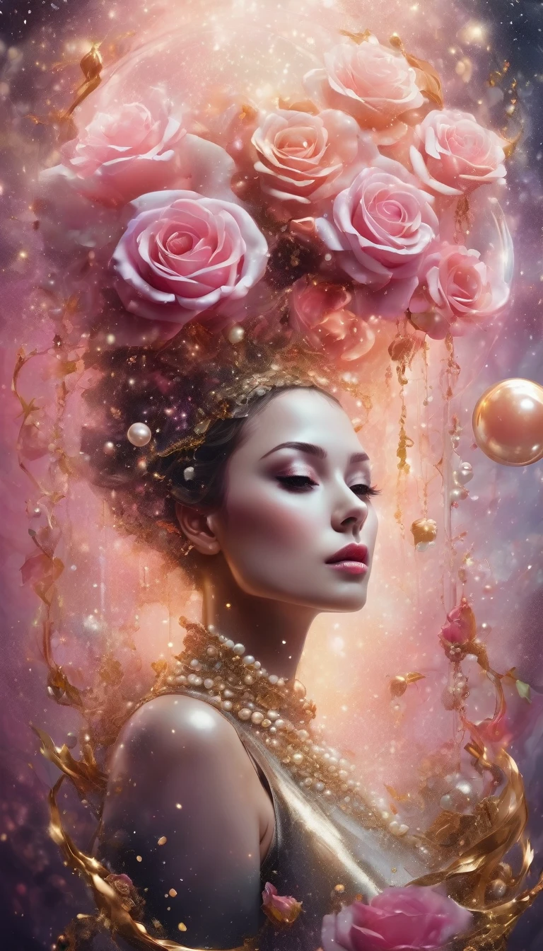Abstract beautiful fantasy 
woman and roses, pearls, gloss, inside a weightlessness-shaped reality, sharp focus, reflections, pearls, gradient stains, stardust, studio photo, black, gold, pink