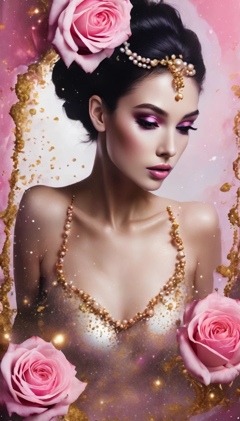 Abstract beautiful fantasy
woman and roses, pearls, gloss, inside a weightlessness-shaped reality, sharp focus, reflections, pearls, gradient stains, stardust, studio photo, black, gold, pink
