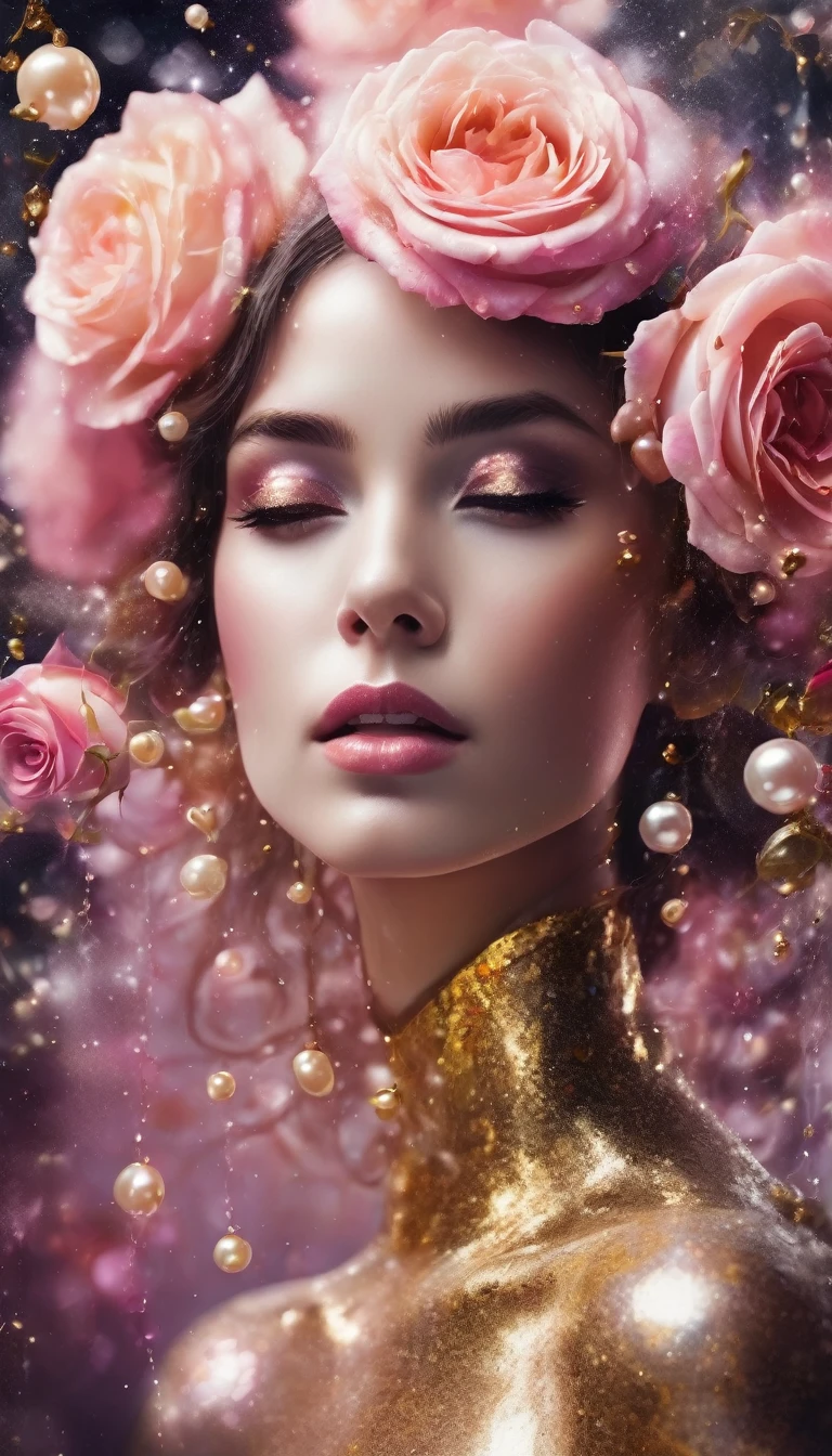 Abstract beautiful fantasy
woman and roses, pearls, gloss, inside a weightlessness-shaped reality, sharp focus, reflections, pearls, gradient stains, stardust, studio photo, black, gold, pink