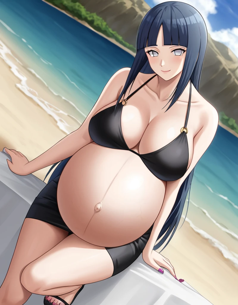 HYUUGAHIN, LIGHT GRAY TOP, "BLACK LONG HAIR", BLUE EYES, 1GIRL, BLUNT BANGS, Hinata Hyuga, Naruto: The Last, long indigo hair, straight hair, soft bangs, pale lavender eyes, mature, refined, elegant,
high-quality, ultra-detailed, beast quality, 8K resolution, anime style, beach,
looking at viewer, dutch angle, cowboy shot, smile, pregnant belly, large belly, big belly, big Breasts, belly button, bikini, skirt,
1girl,solo, indoors, happy, Smiling, rub belly,
full body, Nail polish, 