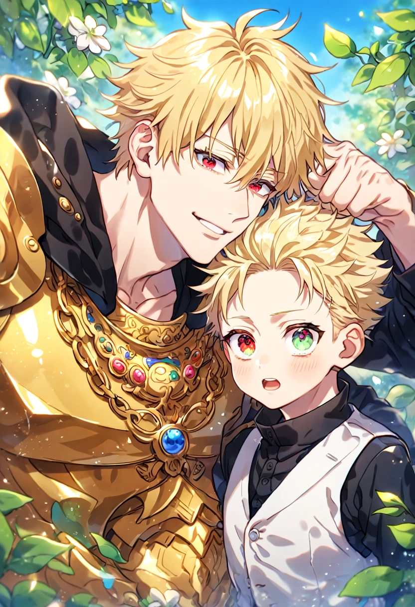 absurdres, highres, ultra detailed, HDR, master piece, best quality, extremely detailed, detailed eyes, detailed face, Gilgamesh, blonde hair, slicked up, ruffled hair, expressive red eyes, Fate Grand Order, Gojou Satoru as a kid, a manly man together with a boy of ten years old, yaoi, gay couple, handsome, fantasy, golden armor, black coat, white vest, spring, flowers, green leaves, magical forest, dark fantasy, blue sky, Jujutsu Kaisen