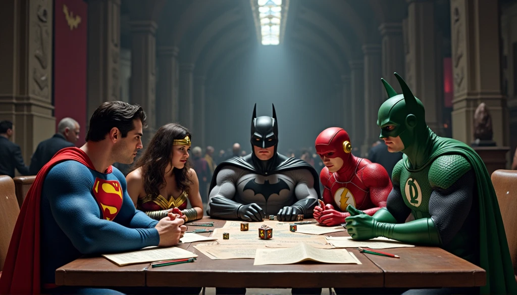 Batman talking to a Batgirl and female superhero at a table