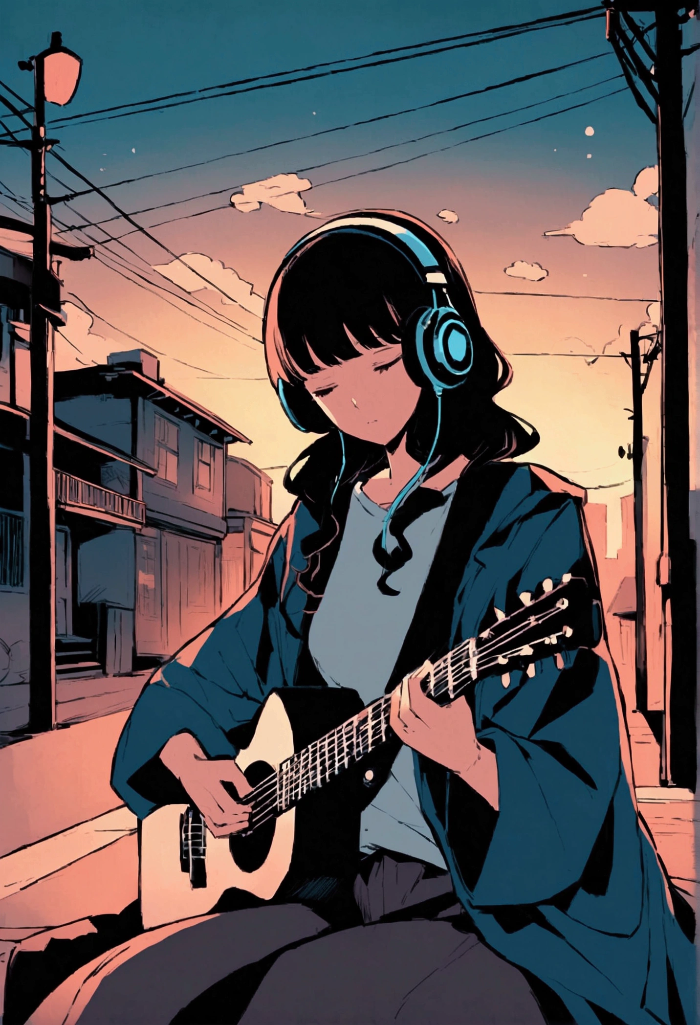 City Anime style illustration of a sitting girl and boy. he長い間, She has light wavy hair and is wearing headphones. he、Dressed casually with a dark shirt and loose coat over his clothing。. In the background there is a street with buildings and utility poles., Beautifully drawn, With minimalist lines. The overall color scheme is soft and dark., Gives the image a calm and relaxing feel."Playing guitar