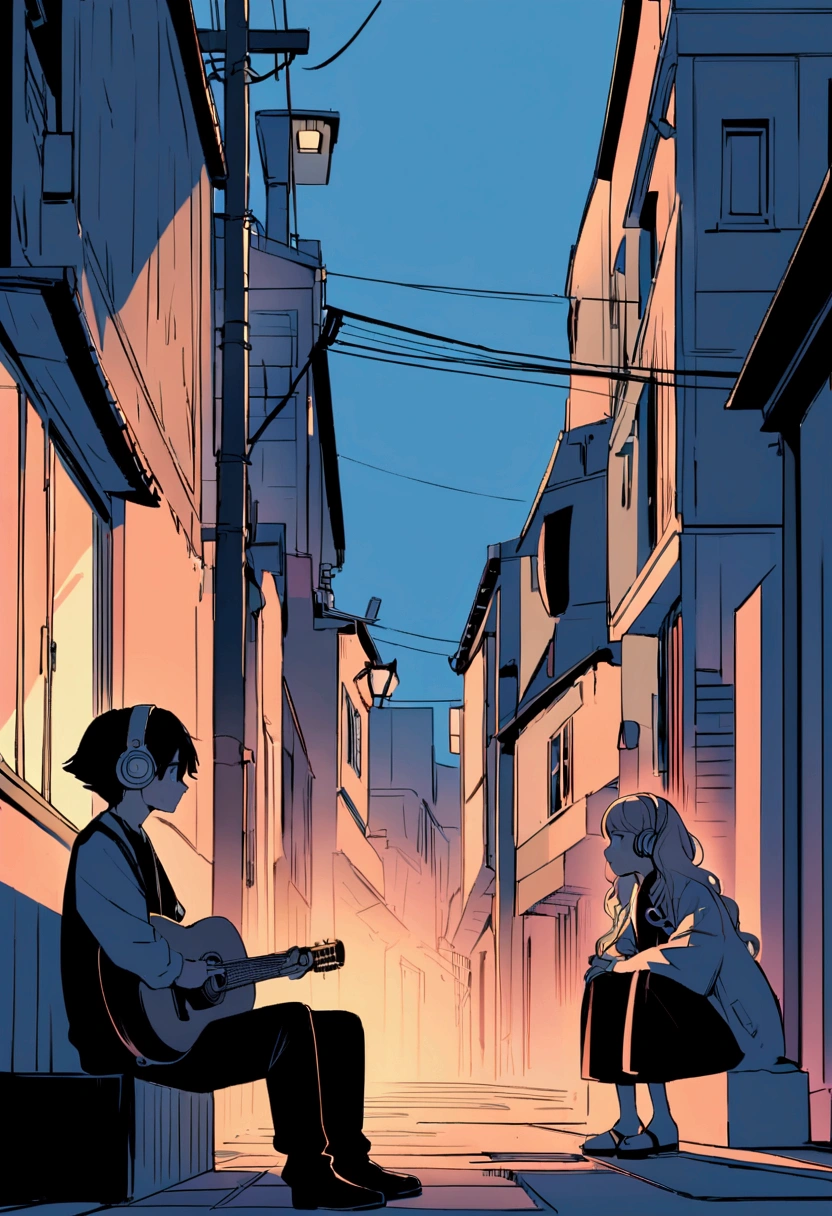 City Anime style illustration of a sitting girl and boy. he長い間, She has light wavy hair and is wearing headphones. he、Dressed casually with a dark shirt and loose coat over his clothing。. In the background there is a street with buildings and utility poles., Beautifully drawn, With minimalist lines. The overall color scheme is soft and dark., Gives the image a calm and relaxing feel."Playing guitar
