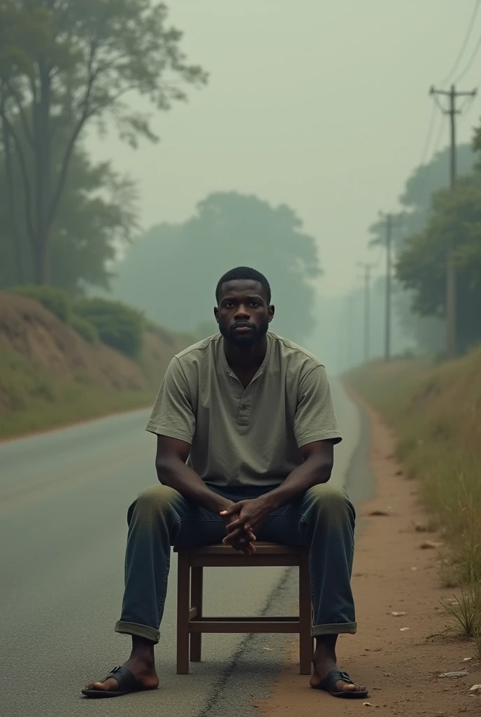 A blackman sitting on chair alone near the road looking like an introvert 