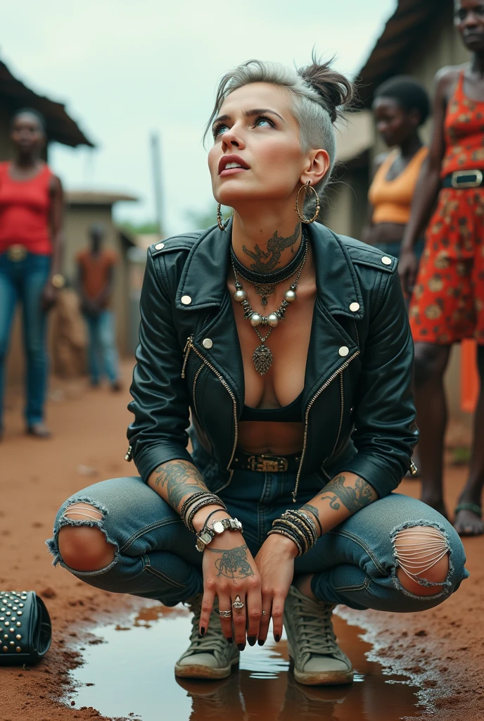 russian milf woman, grey hair (top bun, shaved sides), colourful bandana as headband, with very light blue eyes, extremely pale skin. Wearing cropped aged black moto jacket with lots of zippers and pins, flipped up collar. Worn skinny dark low rise blue jeans with patches, wet knees. Black and red tight push up bra, Dirty White tennis sneakers, with bracelets around ankles. Chain around hips like belts. Dirty knees, dirty feet and muddy hands. Wide studded belt. Lots of metallic bracelets, lots of boho pendants and lots of colourful beads collars. Long huge boho. Chains around the hips. Squatting on a puddle with hands on her hips, looking up, chin up, stretching her neck , humble facial expression. Bracelets in ankles and rings in fingers. Black nail polish. studded black leather tote bag with chain on the floor, next to her.. Listening looking up in amazement to somebody speaking to her from the sky, upper teeth visible. Well toned abdominals, thin neck, slim legs and thin arms. Narrow hips Cleavage, stomach, neck, tigh and hands completely covered with tattoos. Dirt street in Kenyan village full of waste. A lot of tanned fat women in traditional dresses around looking at her. next to her, all her belongings scattered on the floor: tobacco packs, makeup kit, little makeup mirror, studded black leather tote bag, lipstick, wallet, moble etc on the floor, point of view; from above