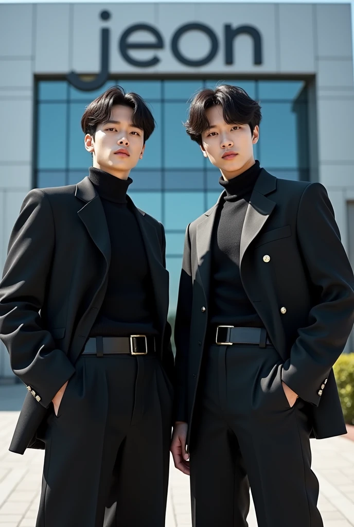 park jimin and jeon jungkook dressed in black during the day in front of a company called jeon during the day super rich