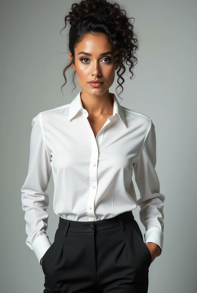 Make a picture of a woman with curly hair, dressed formally in trousers and a shirt