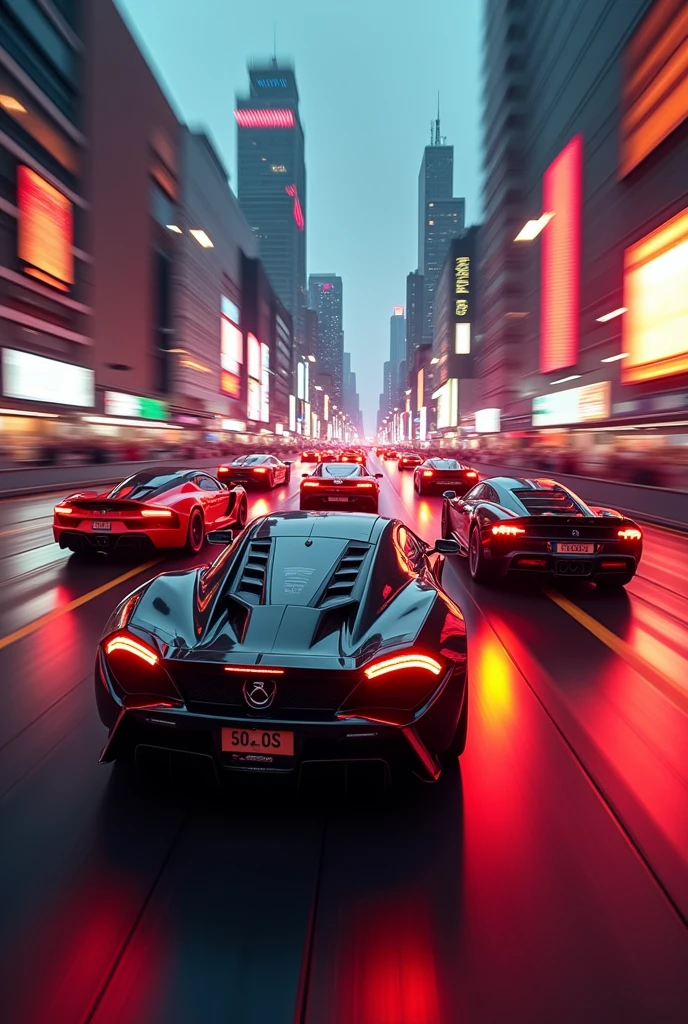 A scene of sports cars in a rally, red ambient lighting, blur of cars racing through the city in the race but showing the side of the car, I want cars like Lamborghini, Pagani, porsche, bugatti, ferrari, Koenigsegg and McLaren. Image with dimensions 512 x 800