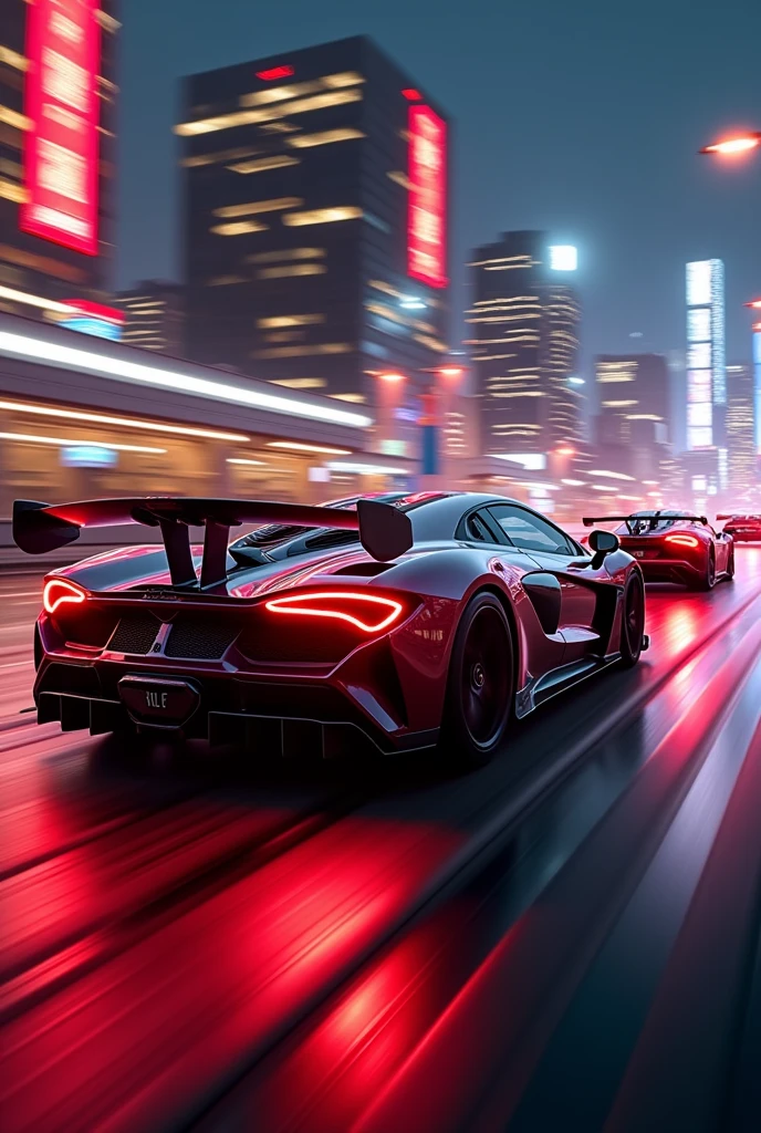 A scene of sports cars in a rally, red ambient lighting, blur of cars racing through the city in the race but showing the side of the car, I want cars like Lamborghini, Pagani, porsche, bugatti, ferrari, Koenigsegg and McLaren. Image with dimensions 512 x 800
