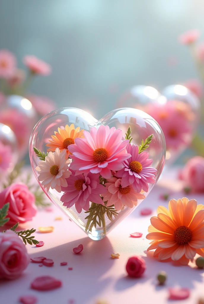 Create a presentation-type video showing different types of flowers inside glass hearts 