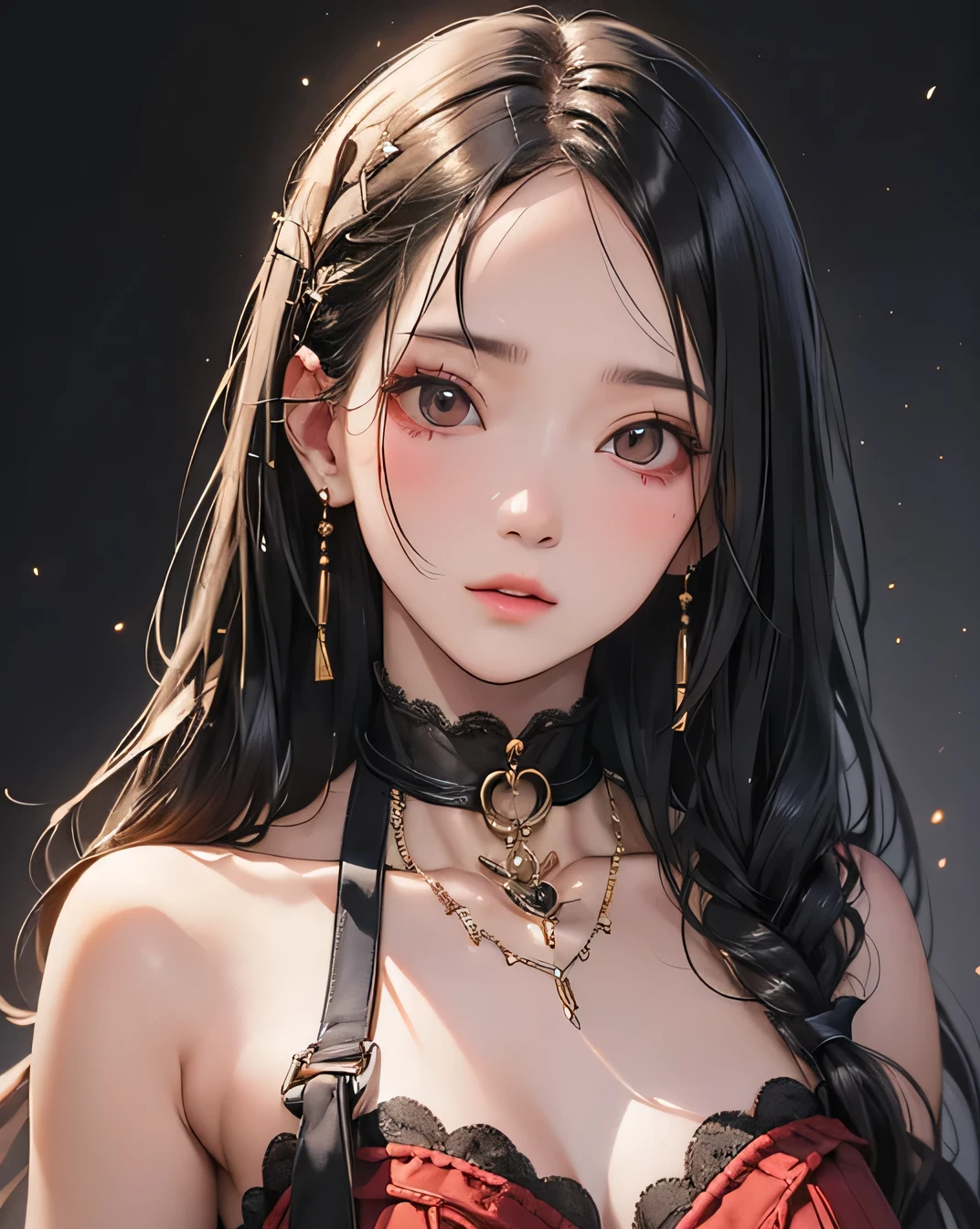 Highest quality, masterpiece, Ultra-high resolution, (Realistic: 1.4), RAW Photos, 1 person, Black Hair, Glowing Skin, (Beautifully detailed face), (Beautiful attention to detail),Dramatic lighting, whole body, Red dress, huge