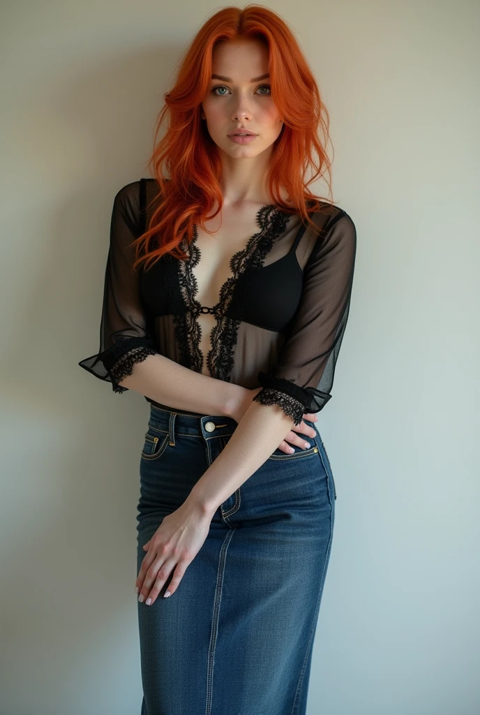Redhead female model wearing long skintight denim skirt with elegant lace blouse 