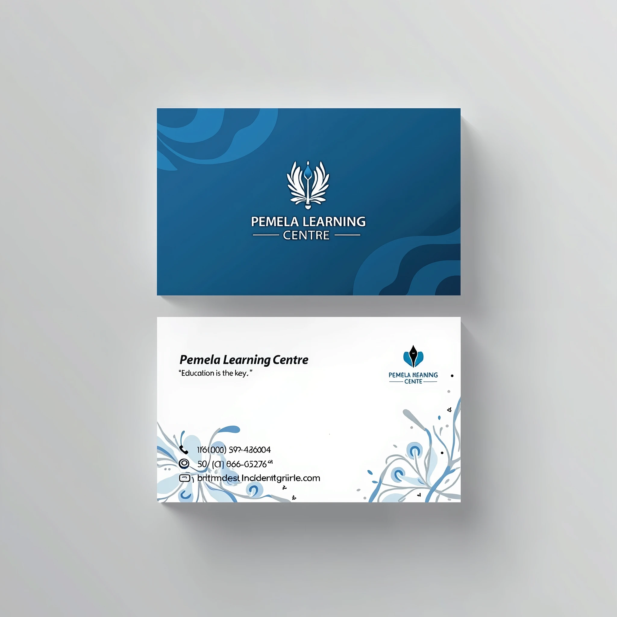 Design a professional and modern business card for 'Pemela Learning Centre,' an adult learning school. The card should prominently feature the company name, 'Pemela Learning Centre,' along with the slogan, 'Education is the Key,' in an elegant, legible font. Use a color scheme that incorporates blue, black, and white, which represents trust, professionalism, and clarity. The primary color should be blue, with black used for text and white as the background or accent color to ensure readability and contrast. Incorporate subtle visual elements that reflect the educational nature of the business, such as abstract shapes or symbols related to learning—like a book, light bulb, or graduation cap. These can be integrated into the background or as part of the logo to create a cohesive design. The layout should be clean and organized, with the company description, 'Adult Learning School,' positioned below the company name or on the opposite side of the card. Ensure that the design exudes professionalism and a welcoming atmosphere, suitable for an educational institution aimed at adult learners.