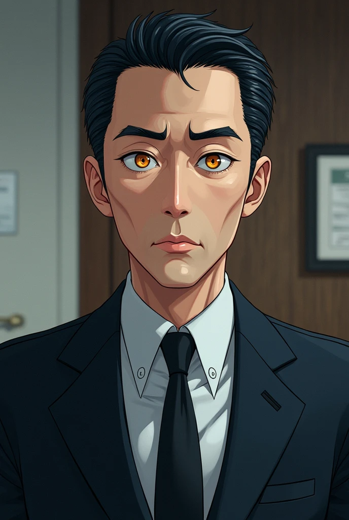 60 year old Japanese man wearing an office suit with black dyed hair and serious with amber eyes and a very blank expression and very pale anime style skin
