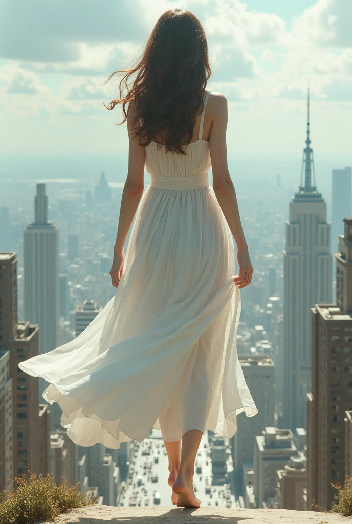 ((High definition, Masterpiece, 8k, Digital Photography, Digital Art)), ((Natural illumination)), contrast, white illumination, ((A young giantess walking over a tiny city)), young face, pale skin, brown hair, ((Teenage girl)), ((White dress)), sunny day, (panoramic view)