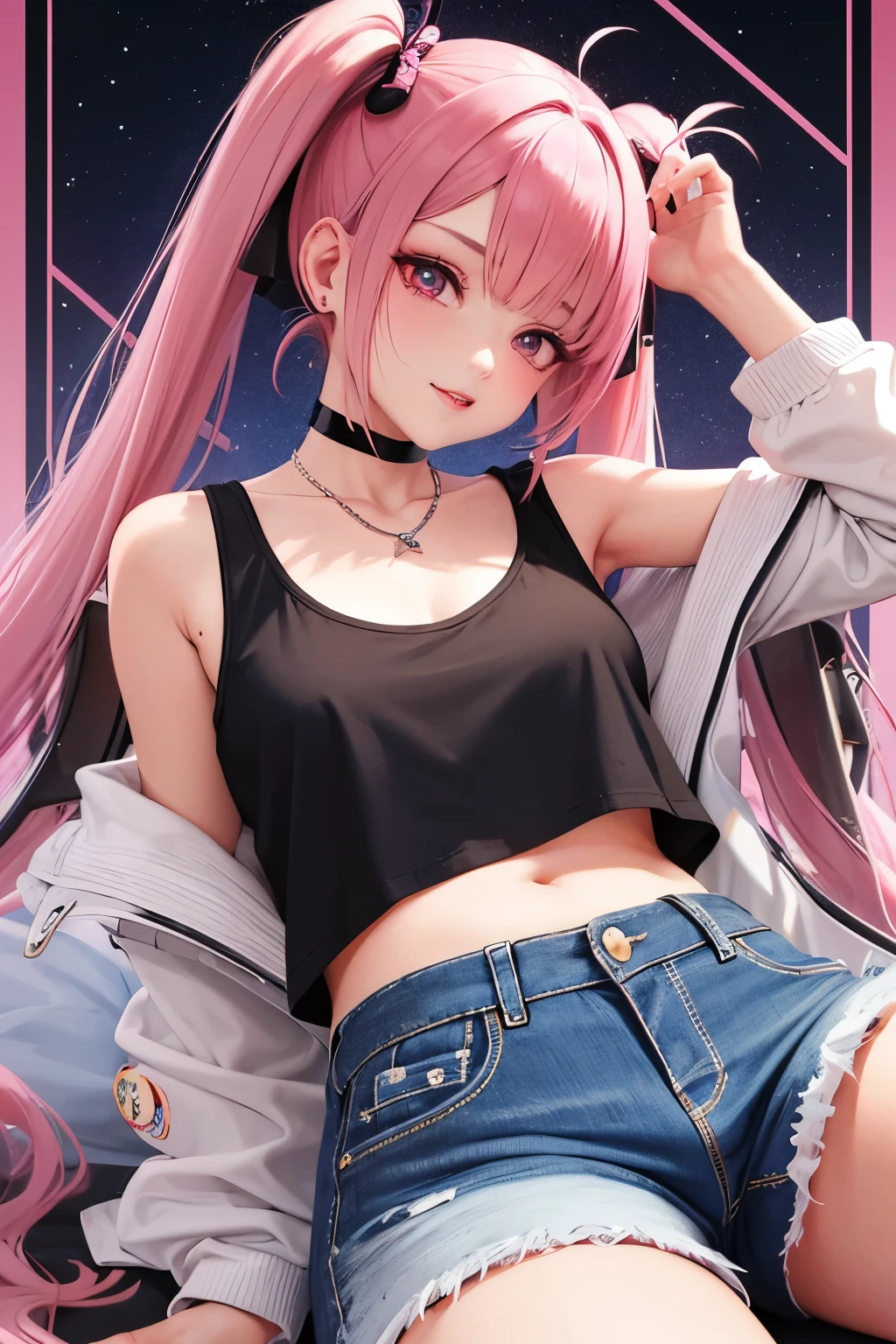 masterpiece, best quality, highly detailed, high resolution, expensive resolution, high resolution, 4k, 8k, uniform 8k wallpaper, highly detailed CG, masterpiece, 2d, 3d, beautiful details, depth, fine texture, best quality: 1.3, perfectly focused, crispy. skin, him, very cute anime girl, name is Mei, short twintails, idol, tank top, denim mini skirt, pink short twintails wearing expensive, mole under eye, looking at the viewer, expensive, blush, mole, parted lips, pink eyes, heart shaped choker, smiling face