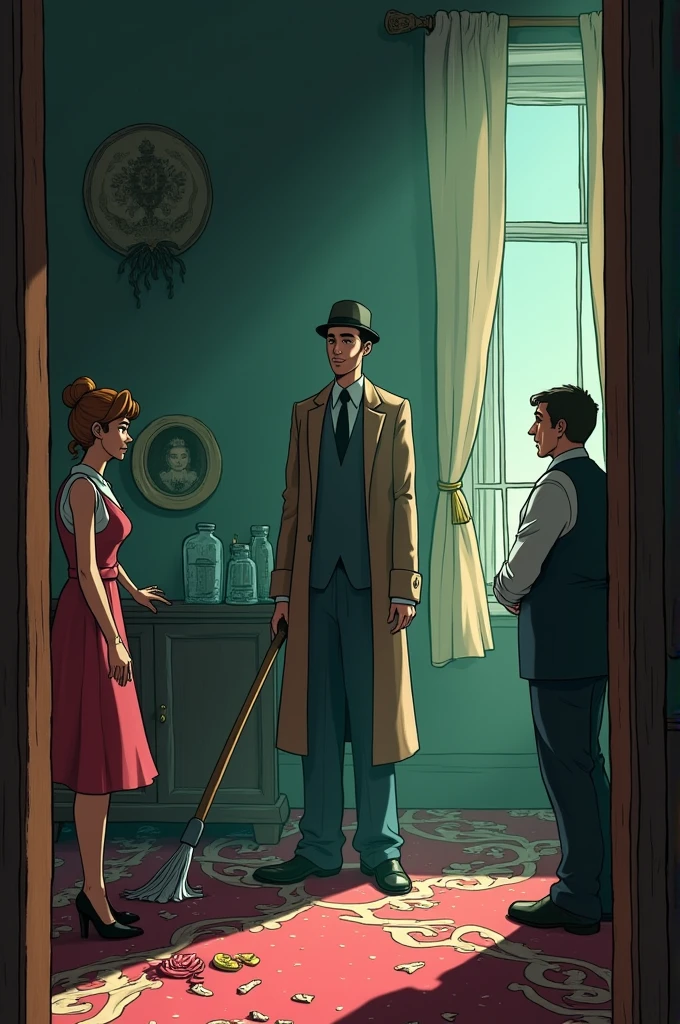 Dead man on the floor of his mansion, a gardener a cleaning lady and a butler and all with a look of suspense images of cartoon characters 
